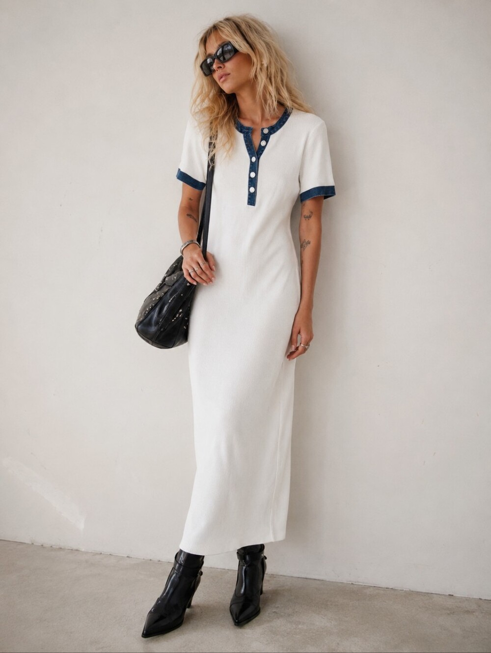 NWT Torn By Ronny Kobo Knit Maxi Dress Size M White Short Sleeve
